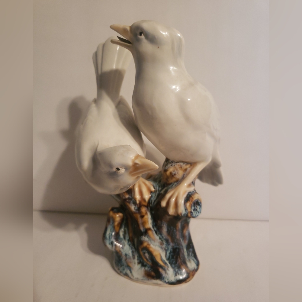 Vintage Porcelain Pair of White Birds on Branch 7" High